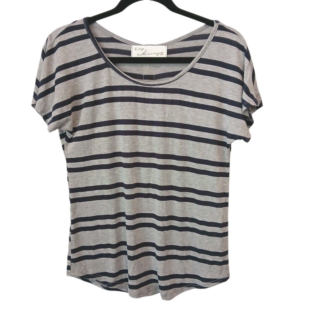 Vintage Havana Blue Gray Striped Tshirt Sz Small Zipper Back Cap Sleeve Scoop